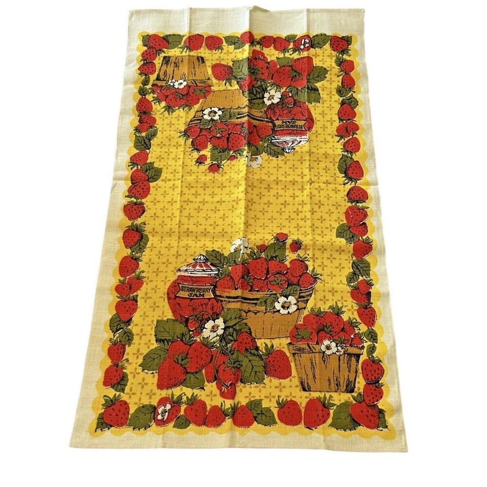 Vintage Linen Strawberry Strawberries Screen Print Kitchen Towel 15x28.5 Granny